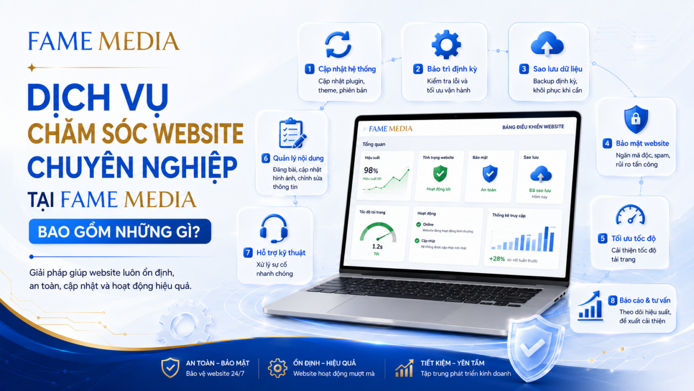 Dịch vụ chăm sóc website chuyên nghiệp tại Fame Media bao gồm những gì?